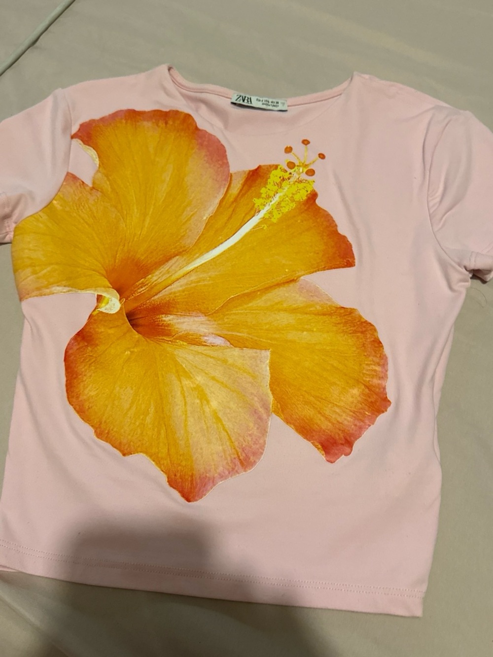 ZARA Pink women’s  Tee with Large Yellow Orange Hibiscus Print